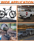 Bicycle mounted on SUV, truck with bike rack, man camping with tent, SUV towing travel trailer in various outdoor settings