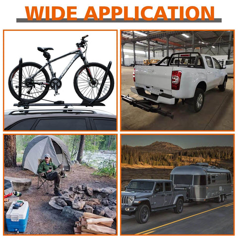 Bicycle mounted on SUV, truck with bike rack, man camping with tent, SUV towing travel trailer in various outdoor settings
