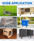 Image showcasing various uses of 10 inch pneumatic swivel caster wheels in a 2 pack with air filled rubber tires, zinc top plate casters designed for carts and wagons.