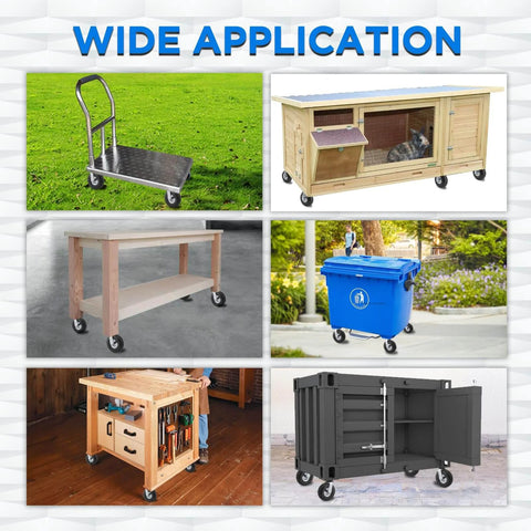 Image showcasing various uses of 10 inch pneumatic swivel caster wheels in a 2 pack with air filled rubber tires, zinc top plate casters designed for carts and wagons.