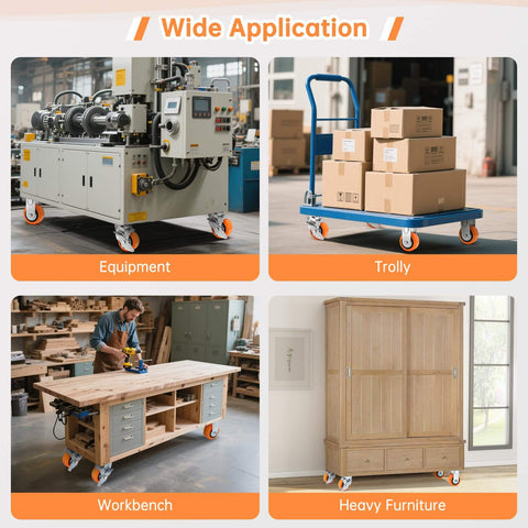 Wide Application of 4 x 2 inch heavy duty industrial caster set of 4 with polyurethane wheels, including 2 casters with brakes and 2 rigid casters