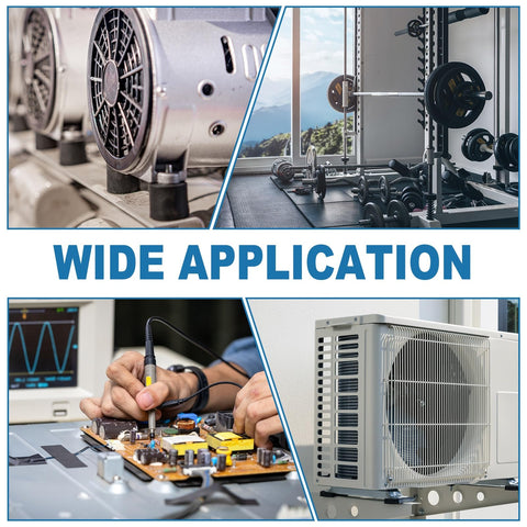 Collage showing fans, gym equipment, circuit board testing, and air conditioner for wide application usage.