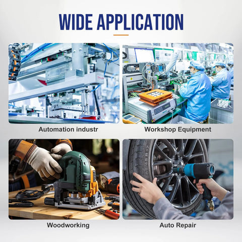 CNZG PNEU coolant mister product collage showing automation, workshop equipment, woodworking, and auto repair scenes.