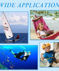 Collage showing applications: sailing, child in hammock, scuba diving, child rock climbing, all using 3.5 Inch Swivel Eye Bolt Snap Hooks.