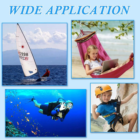 Collage showing applications: sailing, child in hammock, scuba diving, child rock climbing, all using 3.5 Inch Swivel Eye Bolt Snap Hooks.