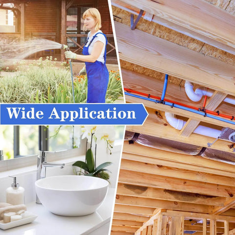 Image showing wide application of plumbing systems with a garden hose, bathroom sink, and ceiling plumbing pipes.