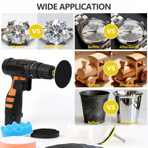 3 Inch Polishing Kit With Hook And Loop Sanding Discs 12 Grits 80 To 10000 shown in various applications, including jewelry and woodworking.