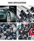 Collage showing car, metal tubes, pebbles, and rubber components illustrating wide applications of materials.
