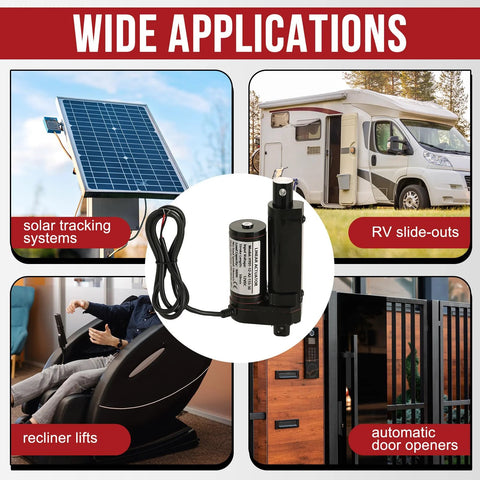 Wide applications of heavy duty linear actuator 12V in solar trackers, RV slide-outs, recliner lifts, and automatic door openers.