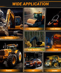 Collage of heavy machinery and vehicles: excavator, compactor, lawn mower, feller buncher, truck, tractor, car, and loader.