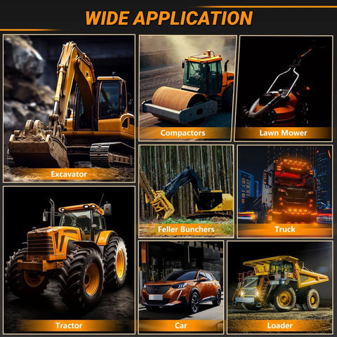 Collage of heavy machinery and vehicles: excavator, compactor, lawn mower, feller buncher, truck, tractor, car, and loader.