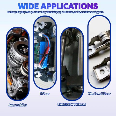 Wide applications of Premium Alloy Steel External Circlip Snap Ring Kit, 315 piece set used in automobiles, RC cars, and more.