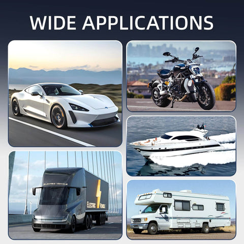 Image showing applications of All In One Car Fuse Set with cars, motorcycle, boat, truck, and RV, highlighting diverse uses.