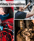 Collage of mechanics using tools on vehicles, highlighting compatibility with Retractable Three Eighth Inch By Fifty Foot Air Hose Reel.