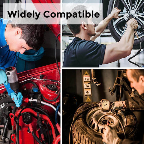 Collage of mechanics using tools on vehicles, highlighting compatibility with Retractable Three Eighth Inch By Fifty Foot Air Hose Reel.