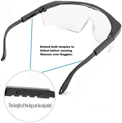 Adjustable temples of 2 Pack Wide Frame Safety Glasses Goggles Anti Fog UV Resistant Over Glasses