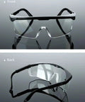 Front and back view of 2 Pack Wide Frame Safety Glasses Goggles Anti Fog UV Resistant Over Glasses on reflective surface.