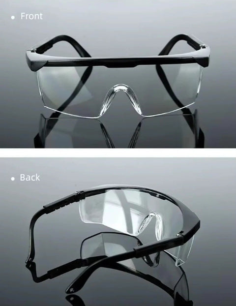 Front and back view of 2 Pack Wide Frame Safety Glasses Goggles Anti Fog UV Resistant Over Glasses on reflective surface.