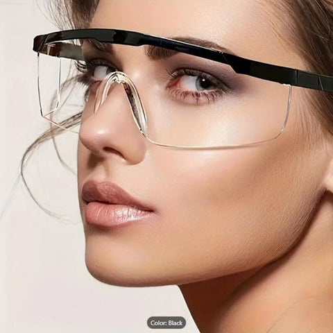 Close-up of person wearing 2 Pack Wide Frame Safety Glasses Goggles Anti Fog UV Resistant Over Glasses, black frame, side view.