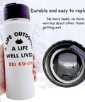 6 Pack Water Bottle Gasket Replacements For Wide Mouth Flip Lids next to a water bottle, showing silicone O rings and seals.
