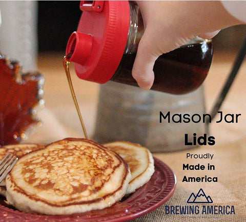 Wide Mouth Plastic Jar Lids Four Pack USA Made Flip Cap Screw Top Pour Spout over pancakes for Kerr and Ball jars.