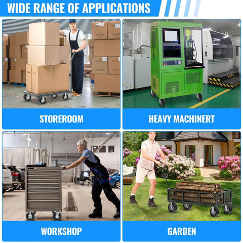 Images showcasing the versatility of 10 inch heavy duty caster wheels with brakes set of 4 in storerooms, workshops, heavy machinery, and gardens.