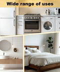 Collage of kitchen appliances, bathroom vanity, and bedroom set showing wide range of uses for furniture fasteners.