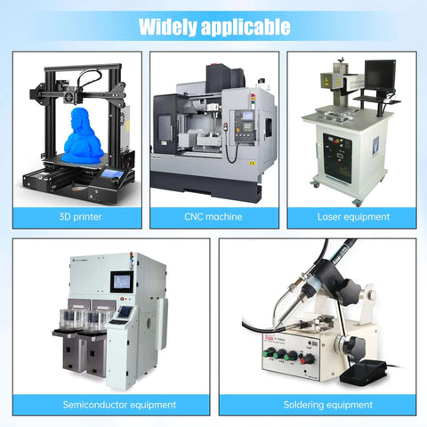 Set of machines including 3D printer, CNC machine, laser, semiconductor, and soldering equipment for industrial applications.