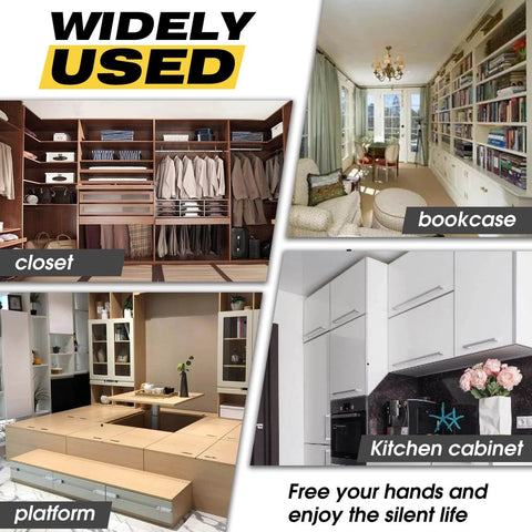 Image showcasing the versatility of Drop Down Gas Struts in closet, bookcase, kitchen cabinet, and platform applications.