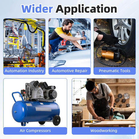 Image showing various applications of One Quarter Inch Quick Connect Pneumatic Fittings Straight Union Coupler for air compressors and tools.