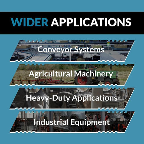 Wider applications include conveyor systems, agricultural machinery, heavy-duty applications, and industrial equipment.