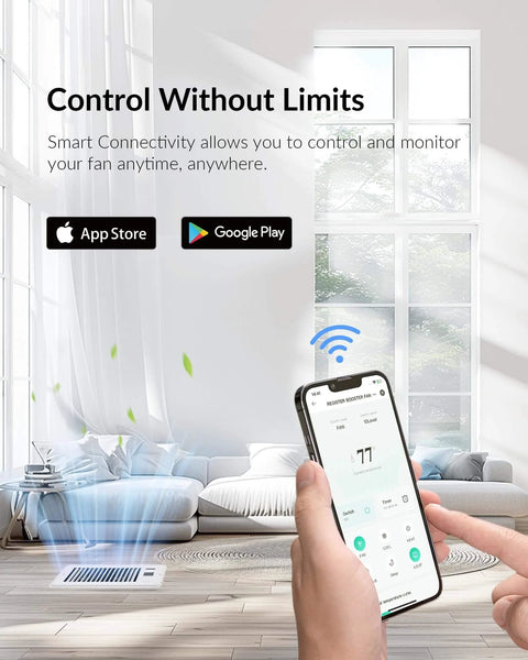 Person using phone app to control Smart Register Vent Fan For 4 By 10 Inch Register Holes With Ultra Quiet Operation
