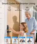 Child using Smart WiFi Keypad Front Door Lock With Handle And Auto Lock For Keyless Entry And Voice And Fingerprint Unlock