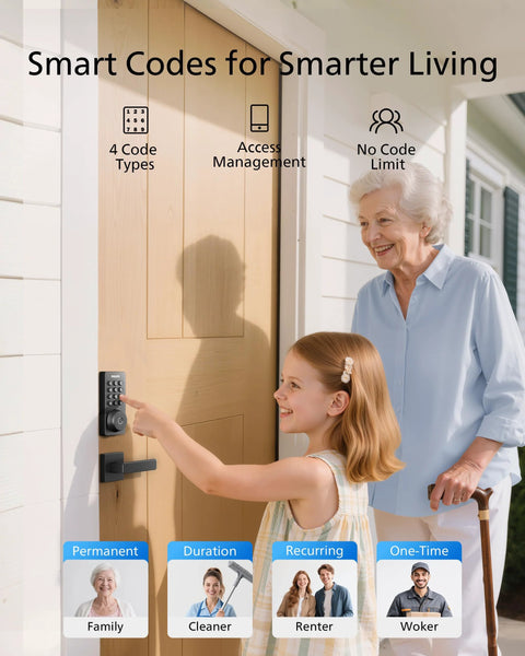 Child using Smart WiFi Keypad Front Door Lock With Handle And Auto Lock For Keyless Entry And Voice And Fingerprint Unlock