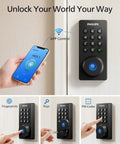 WiFi Smart Door Lock Deadbolt For Front Door Keyless Entry With Built In WiFi Remote Access App Unlock Fingerprint And Passcode Works With Alexa And Google Assistant Auto Lock Security shown with smartphone app and keypad on door.