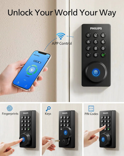 WiFi Smart Door Lock Deadbolt For Front Door Keyless Entry With Built In WiFi Remote Access App Unlock Fingerprint And Passcode Works With Alexa And Google Assistant Auto Lock Security shown with smartphone app and keypad on door.