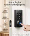 WiFi Smart Door Lock Deadbolt For Front Door Keyless Entry With Built In WiFi Remote Access App Unlock Fingerprint And Passcode Works With Alexa And Google Assistant Auto Lock Security installed on a wooden door with fingerprint access.