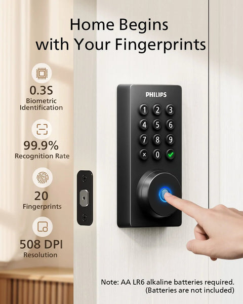 WiFi Smart Door Lock Deadbolt For Front Door Keyless Entry With Built In WiFi Remote Access App Unlock Fingerprint And Passcode Works With Alexa And Google Assistant Auto Lock Security installed on a wooden door with fingerprint access.