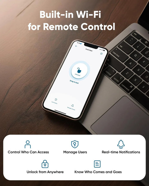 Smartphone displaying app for Keyless Entry Smart Lock With Built In WiFi Keypad Deadbolt For Front Door No Bridge Required Easy Installation With App Remote Control Auto Lock And Voice Control Battery Level Indicator And Secure Access Management BHMA Grade 3 next to a laptop.