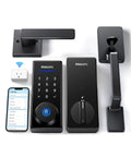 Keyless entry smart lock with a sturdy handle provides secure door access, remote control via the included gateway, app management, fingerprint and PIN code unlock, plus auto lock for peace of mind.
