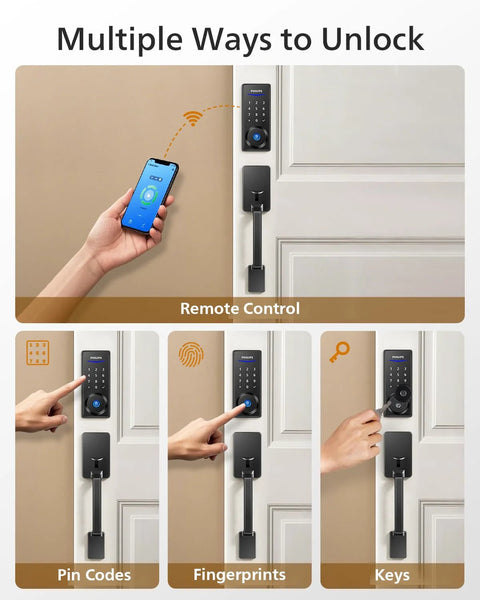 Image showing a keyless entry smart lock with a sturdy handle provides secure door access, remote control via gateway, app management, fingerprint and PIN code unlock, plus auto lock for peace of mind on a door.