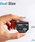 Hand holding 2 Channel WiFi Smart Relay Switch With Power Metering For Home Automation And Energy Monitoring, dimensions shown