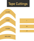 Tape cutting options featuring AA, A, CC, and Back curves, alongside straight strips in 1", 3/4", and 1/2" sizes.