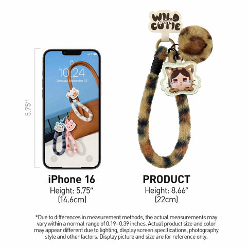 Crybaby Wild But Cutie Series Phone Charm Blind Box Wrist Strap Keychain with furry texture and charm, displayed with phone for size.