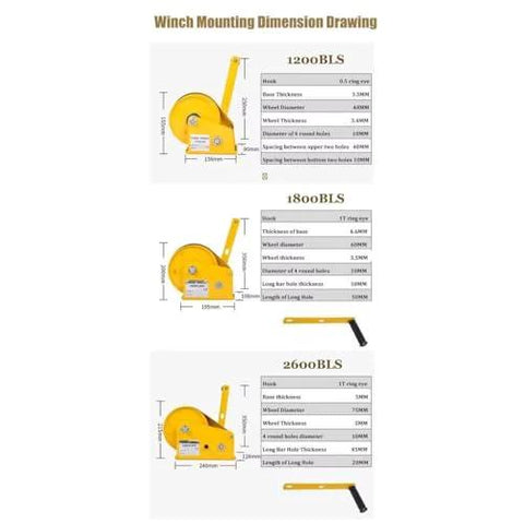 Hand winches: front view of mounting-dimension drawings for three models 1200BLS, 1800BLS, 2600BLS.