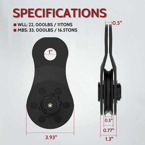 Front and side view of Winch Snatch Block Pulley 11 Tons Fits 1/4" to 1/2" Rope, with measurements and specifications.