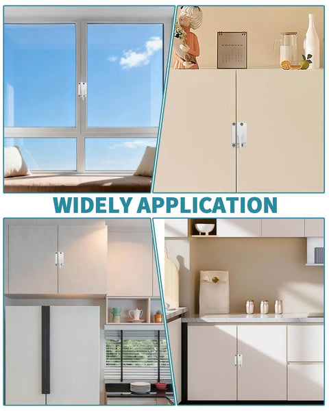 Two Piece Window Sash Locks Replacement Latches For Up And Down Sliding Windows Compatible With Horizontal And Vertical Sliding Sashes Security Locks With Screws Included shown installed on various window and cabinet styles.