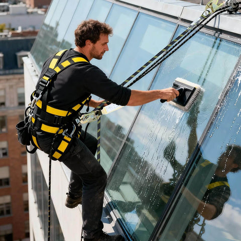 Worker on building facade using Pro Grade 50Ft Vertical Lifeline Kit For Fall Protection With Rope Grab Heavy Duty Safety Rope