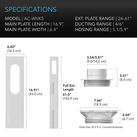 Universal Window Duct Kit For 4 Inch And 6 Inch Inline Fans With Adjustable Rails specifications diagram