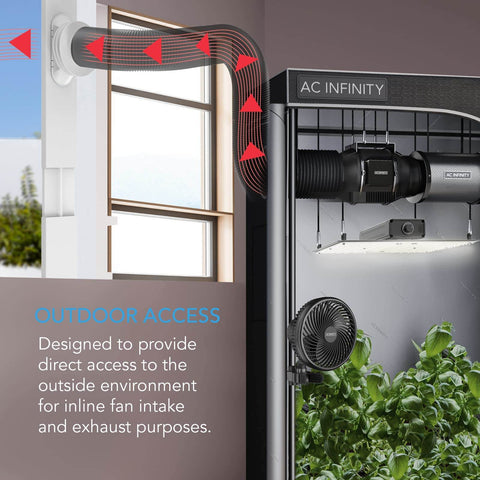 Universal Window Duct Kit For 4 Inch And 6 Inch Inline Fans With Adjustable Rails installed in window for ventilation